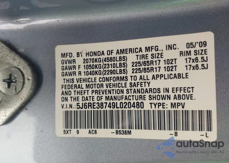 2009 Honda Cr-V Ex-L z USA, uszkodzony, nr VIN 5J6RE38749L020480